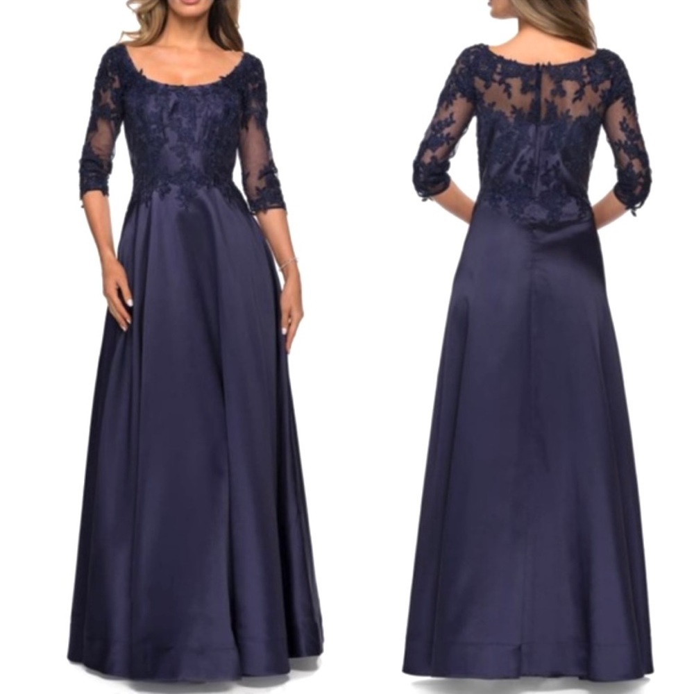 LA FEMME Lace & Mikado A-Line Gown NEW Size 10 Navy Dress